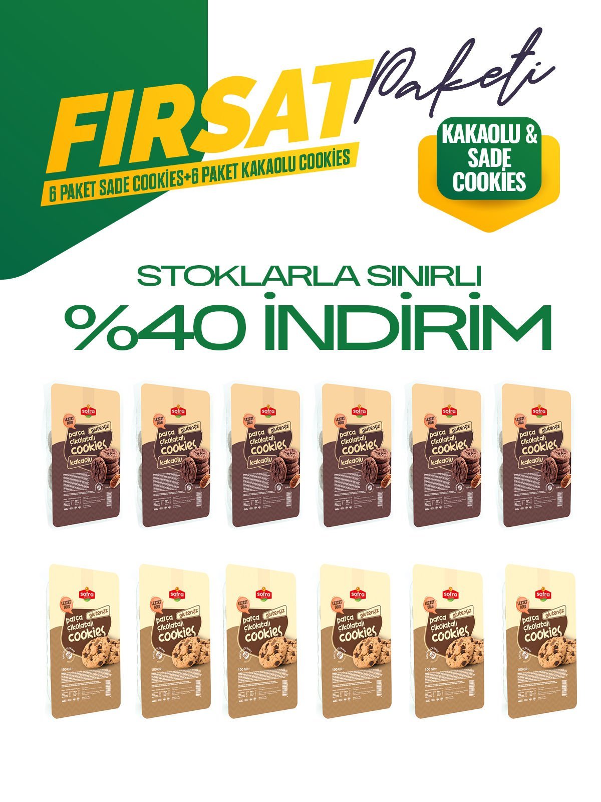 6 Adet Glutensiz Parça Çikolatalı ve 6 Adet Glutensiz Parça Çikolatalı Kakaolu Cookies 100 Gr.