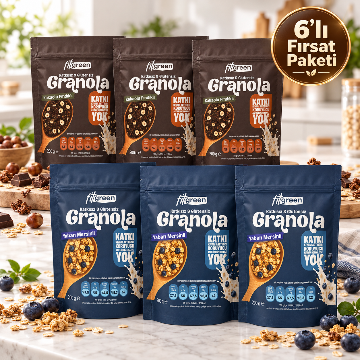 Fitgreen Glutensiz Granola Kakaolu Fındık&Yaban Mersinli Mix 6'Lı Fırsat Paketi