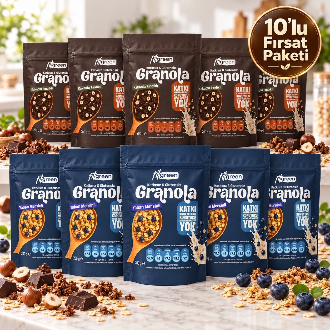 Fitgreen Glutensiz Granola Kakaolu Fındık&Yaban Mersinli Mix 10'Lu Fırsat Paketi
