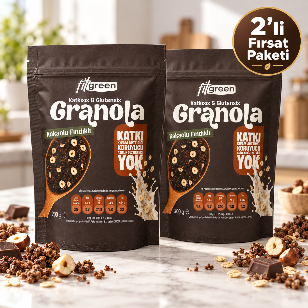Fitgreen Glutensiz Kakaolu Fındıklı Granola 2'Li Fırsat Paketi