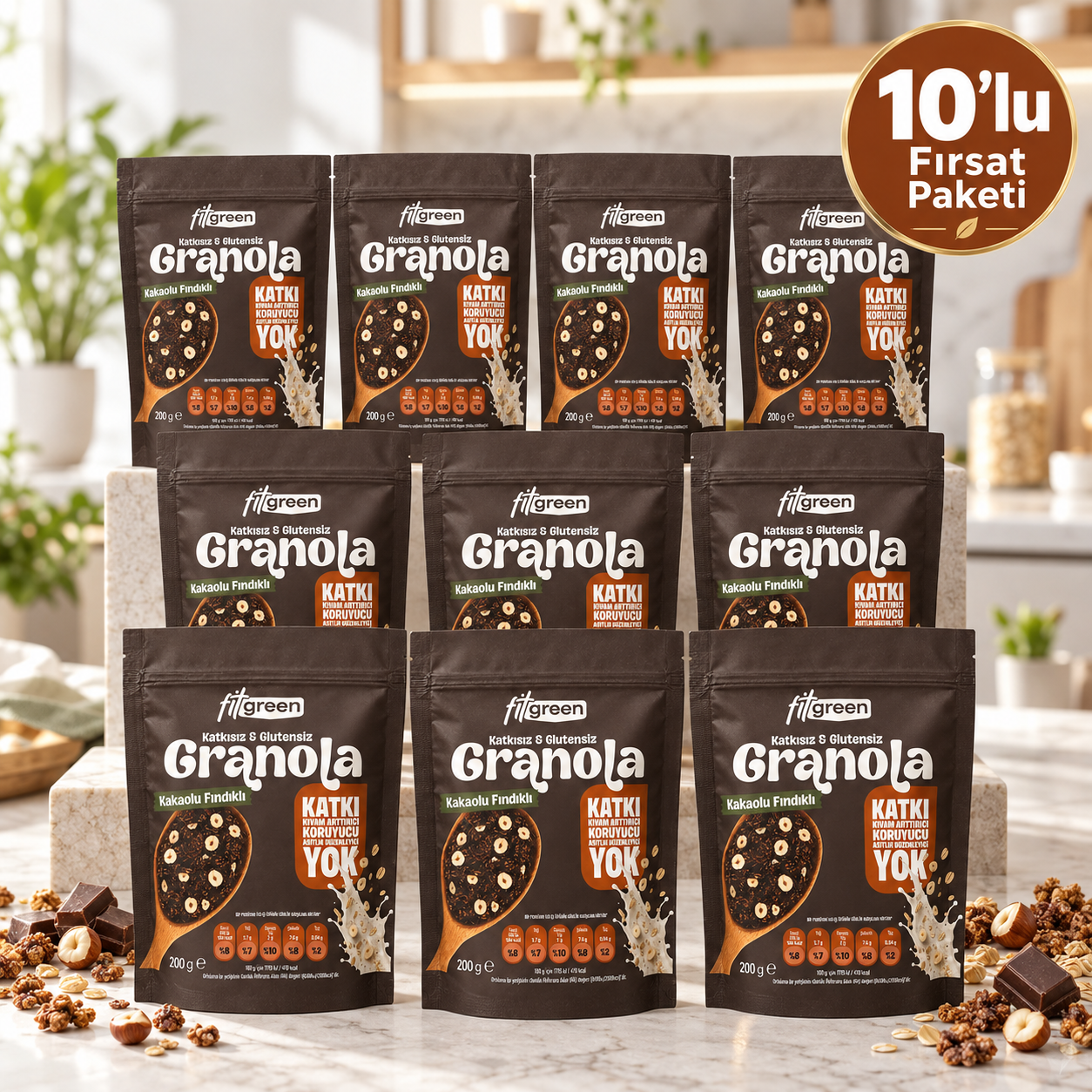 Fitgreen Glutensiz Kakaolu Fındıklı Granola 10'Lu Fırsat Paketi
