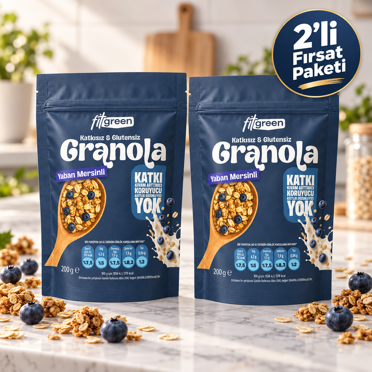 Fitgreen Glutensiz Yaban Mersinli Granola 2'Li Fırsat Paketi