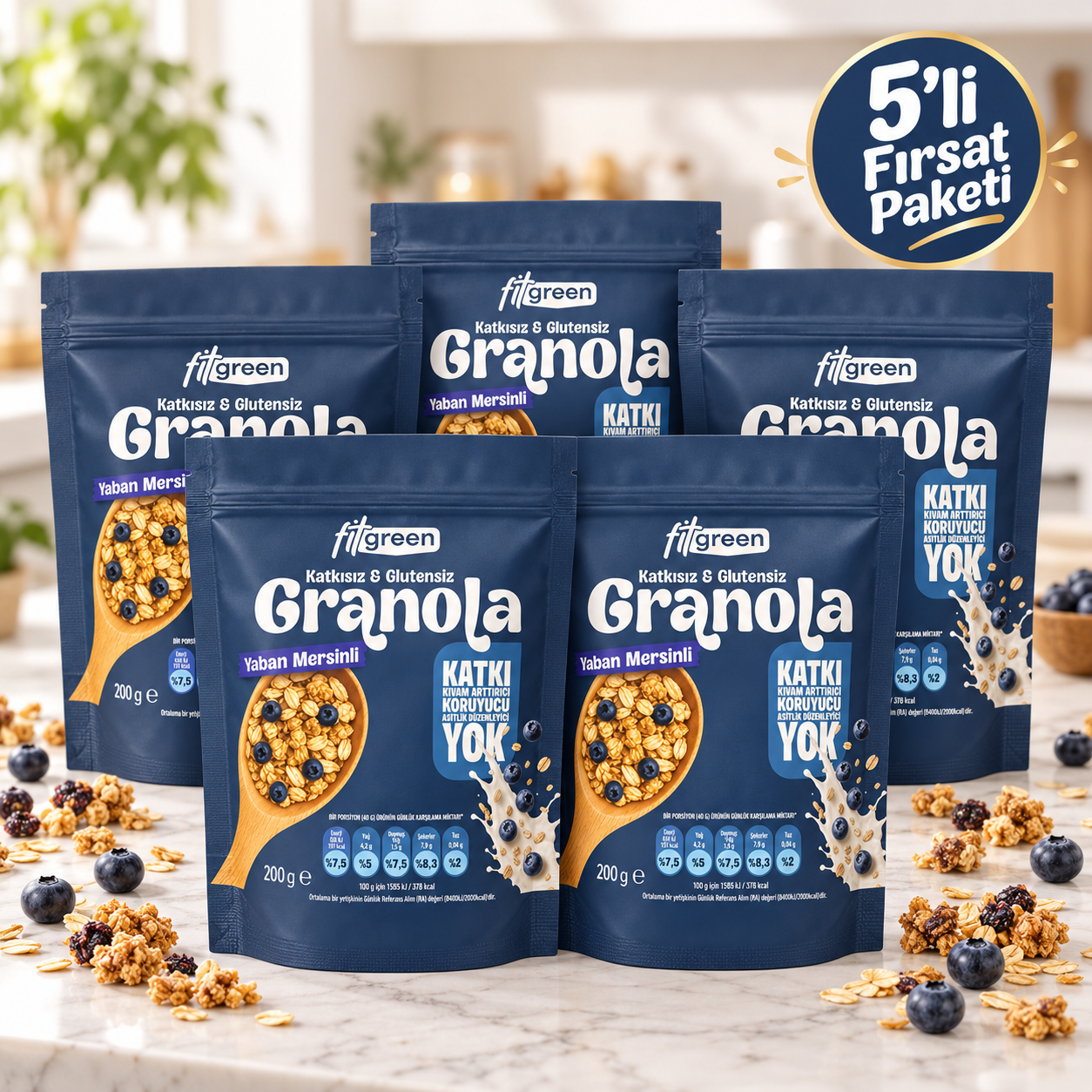 Fitgreen Glutensiz Yaban Mersinli Granola 5'Li Fırsat Paketi