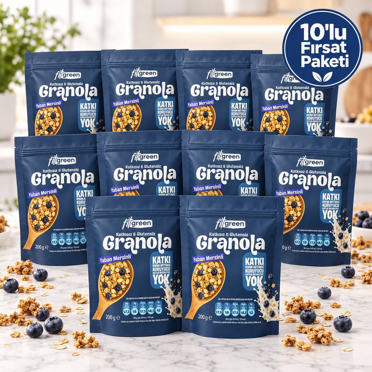Fitgreen Glutensiz Yaban Mersinli Granola 10'Lu Fırsat Paketi